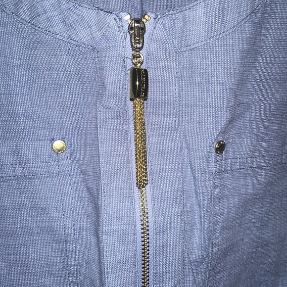 Ellen Tracy Women Size Medium Sleeveless Gold Zipper Front Tunic Chambray Linen - Picture 3 of 11